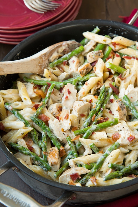 Chicken Asparagus Pasta in skillet