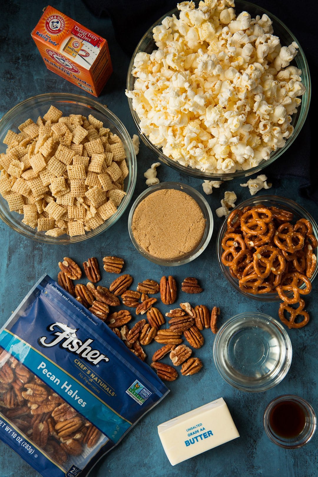 Crunchy Caramel Corn Snack Mix ingredients shown here.