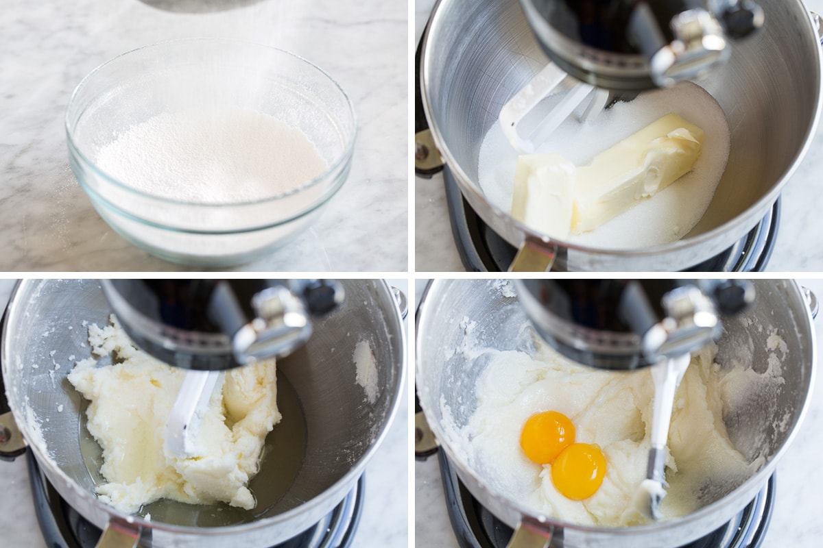 Showing the steps of how to make a birthday cake in an electric stand mixer. Including sifting cake, cream butter and adding egg yolks.