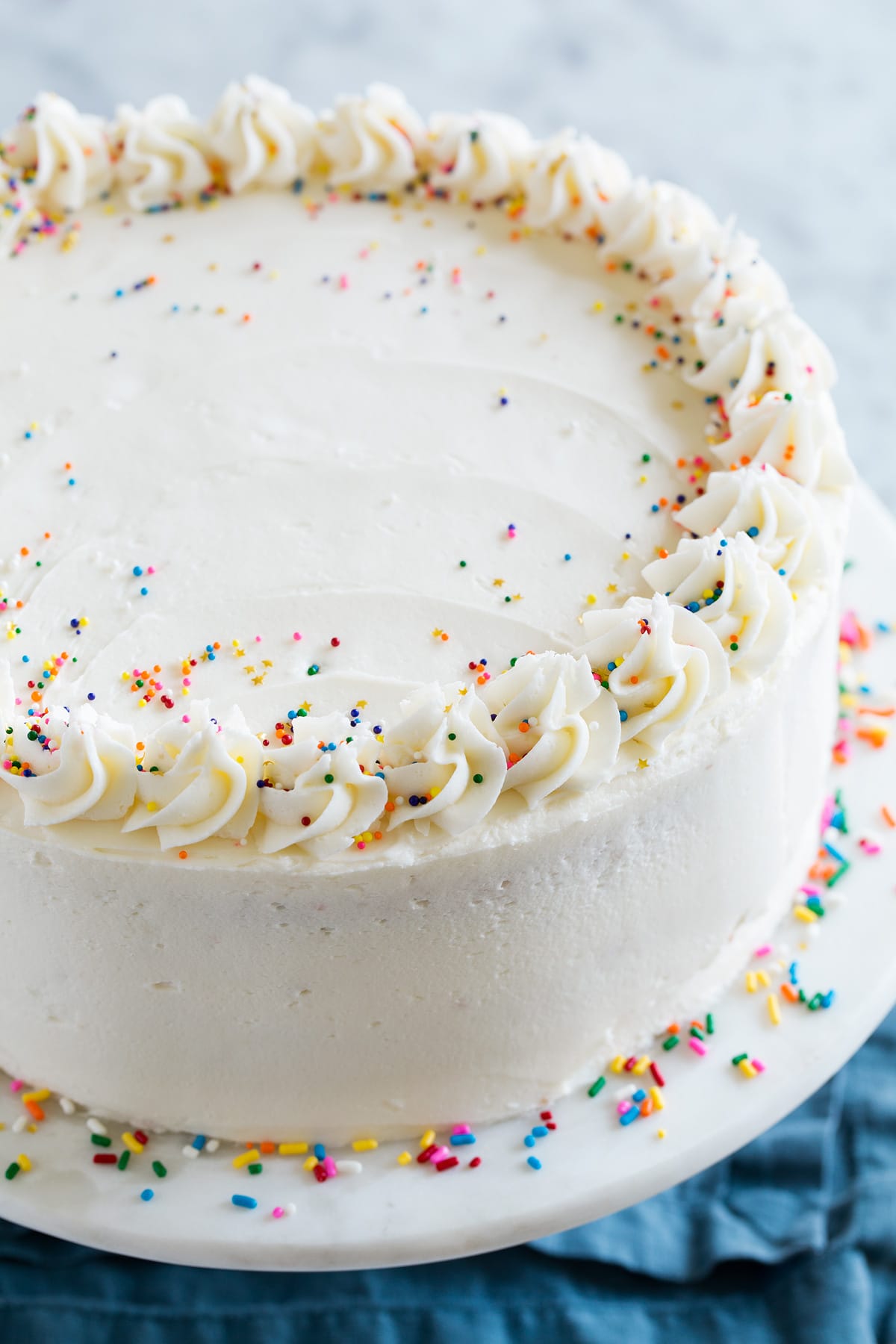 Close up image of a whole funfetti birthday cake