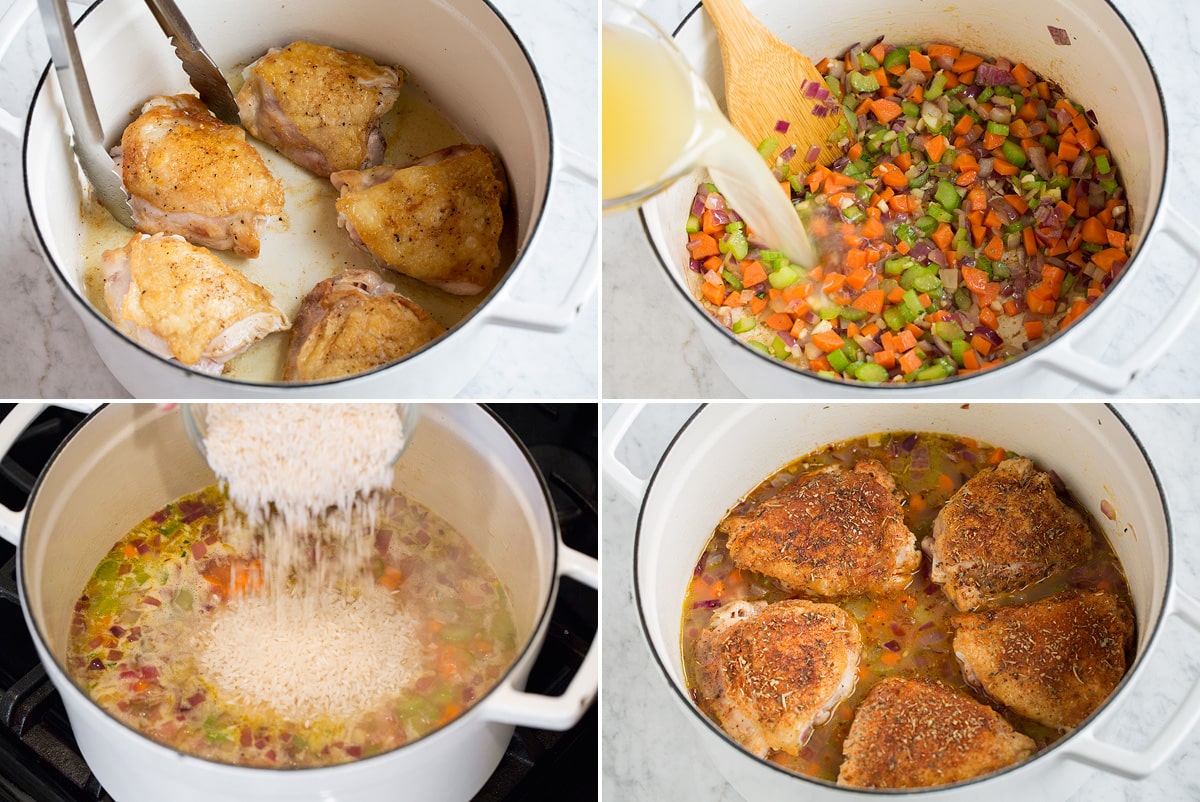 Collage image of four steps showing how to make Chicken and Rice in a pot.