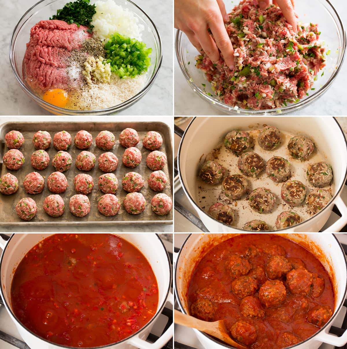 Photo of steps showing how to make porcupine meatballs. Shows meatball mixture before and after shaping. Shown in rounds on a baking sheet. Then browning and covered with sauce.