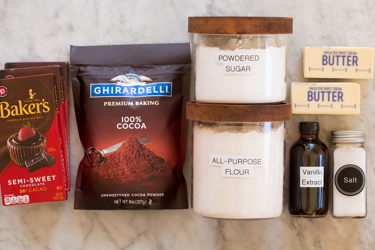 Ingredients used for chocolate shortbread cookies.