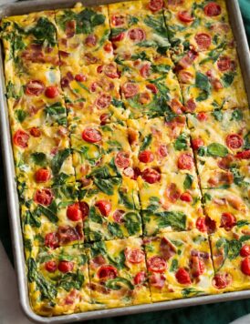 Bacon, tomato, spinach eggs in a baking sheet.