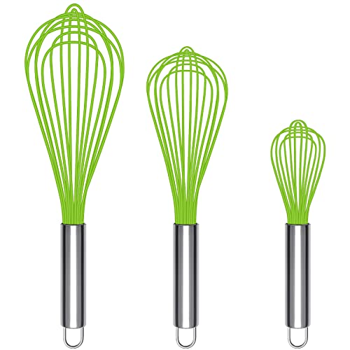 TEEVEA Silicone Whisk, Heat Resistant Stainless Steel Wire Whisk Set of 3, Kitchen Cooking Whisks No Scratch, Non-stick Cookware Balloon Egg Beater for Blending, Whisking, Frothing & Stirring, Green