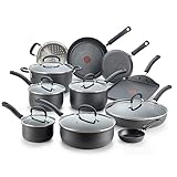 T-fal Ultimate Hard Anodized Nonstick Cookware Set 17 Piece, Oven Broiler Safe 400F, Lid Safe 350F, Kitchen Cooking Set w/ Fry Pans, Saucepans, Saute Pan, Griddle, Pots and Pans, Dishwasher Safe Black