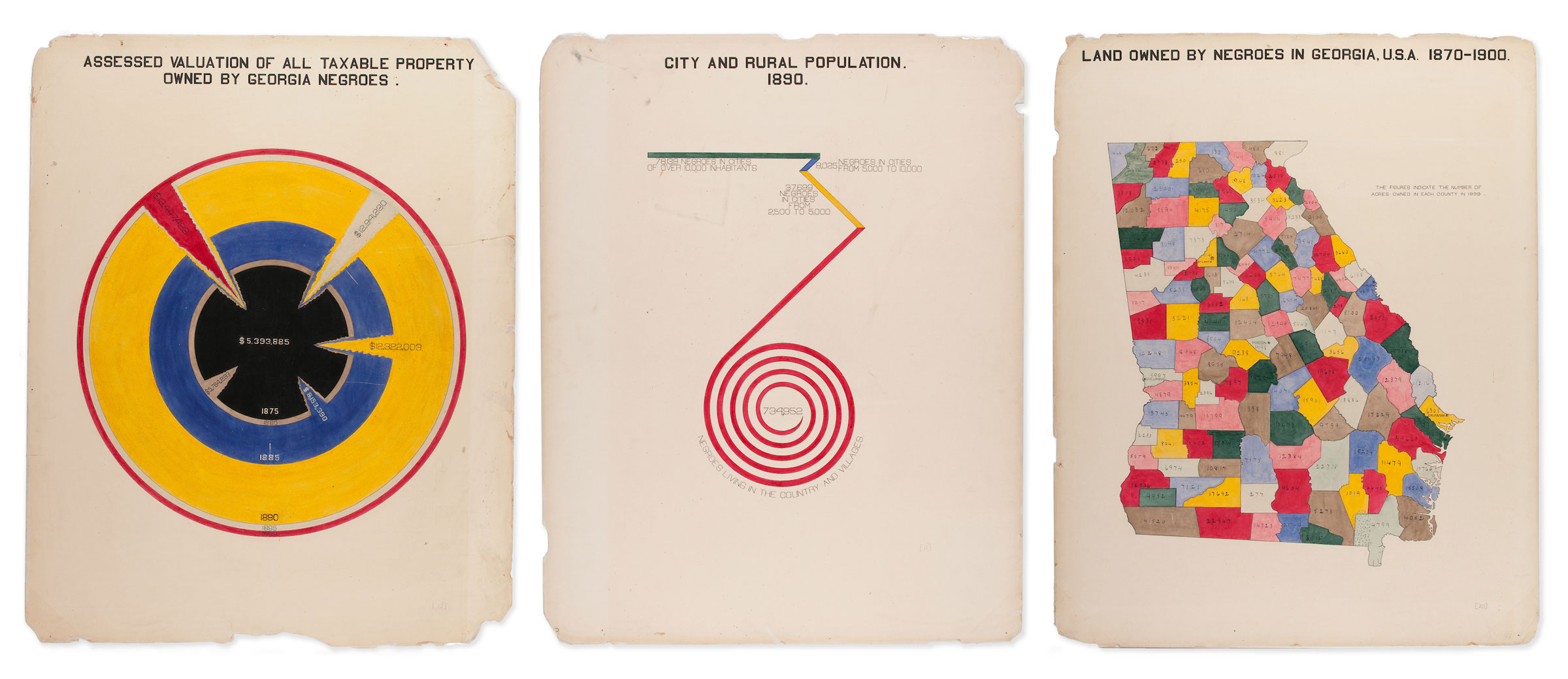 Three colorful, hand-drawn data visualizations in unique shapes showing different types of data about Black Americans in the late 1800s.