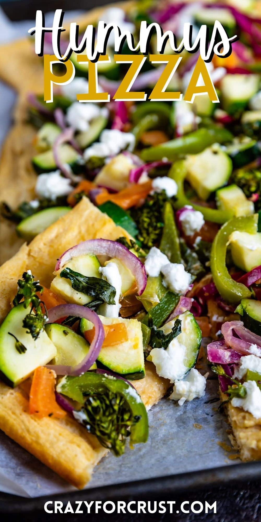 hummus pizza with vegetables on top of the thin crust with words on the image