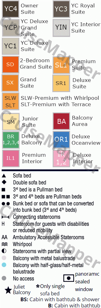 MSC Seashore deck 8 plan (Ocean Cay-Promenade-Spa-Pools) legend