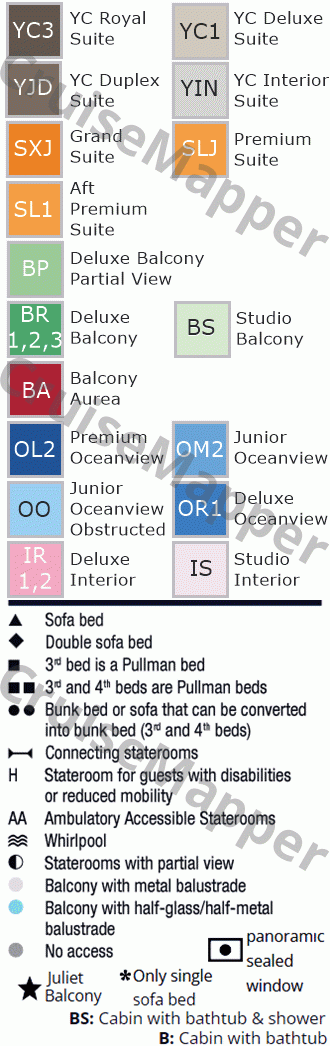 MSC Euribia deck 10 plan (Cabins) legend