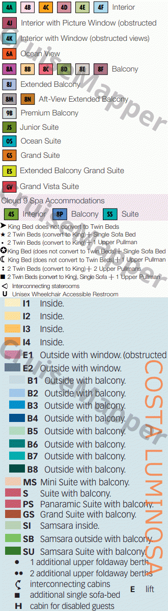 Carnival Luminosa deck 8 plan (Cabins-Bridge) legend
