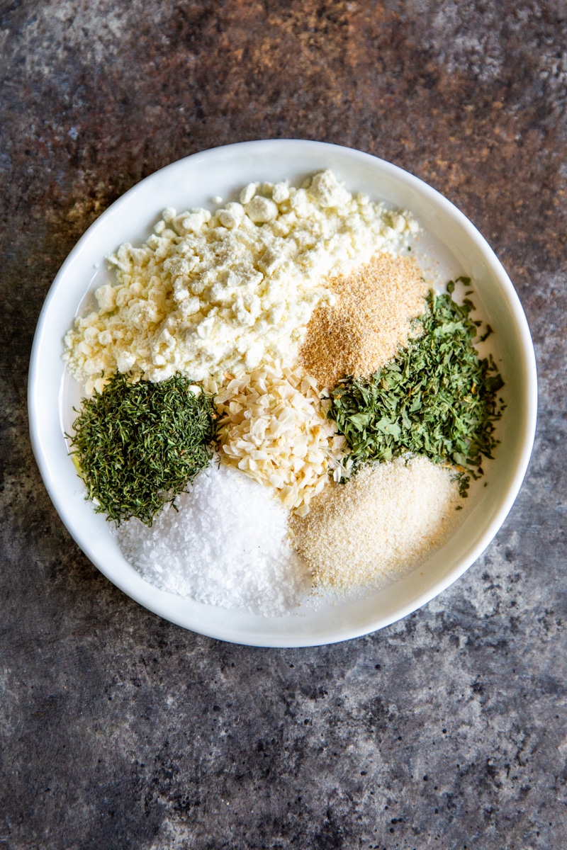 A dish of homemade ranch dressing mix ingredients.