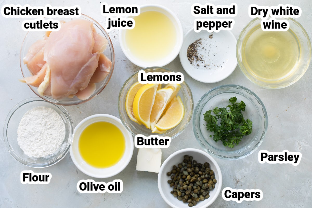 Labeled ingredients for chicken scallopini.