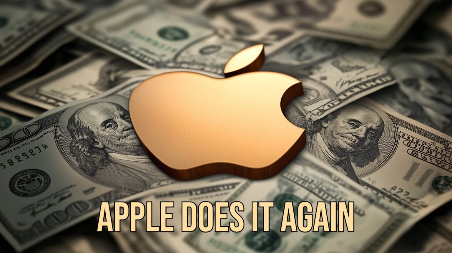 An AI-generated image with a gold Apple logo sitting atop a pile of American money, with the words 