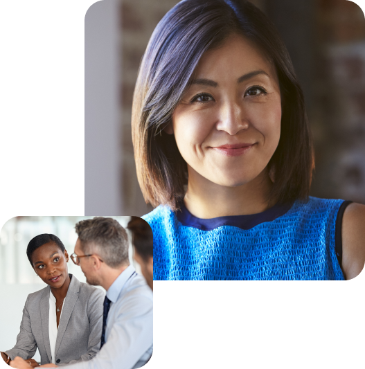 Top: business woman folding arms, Bottom left: business people looking at tablet and smiling