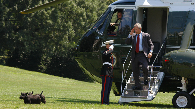 President George W. Bush disembarks from his helicopter with his dogs on the lawn in the foreground