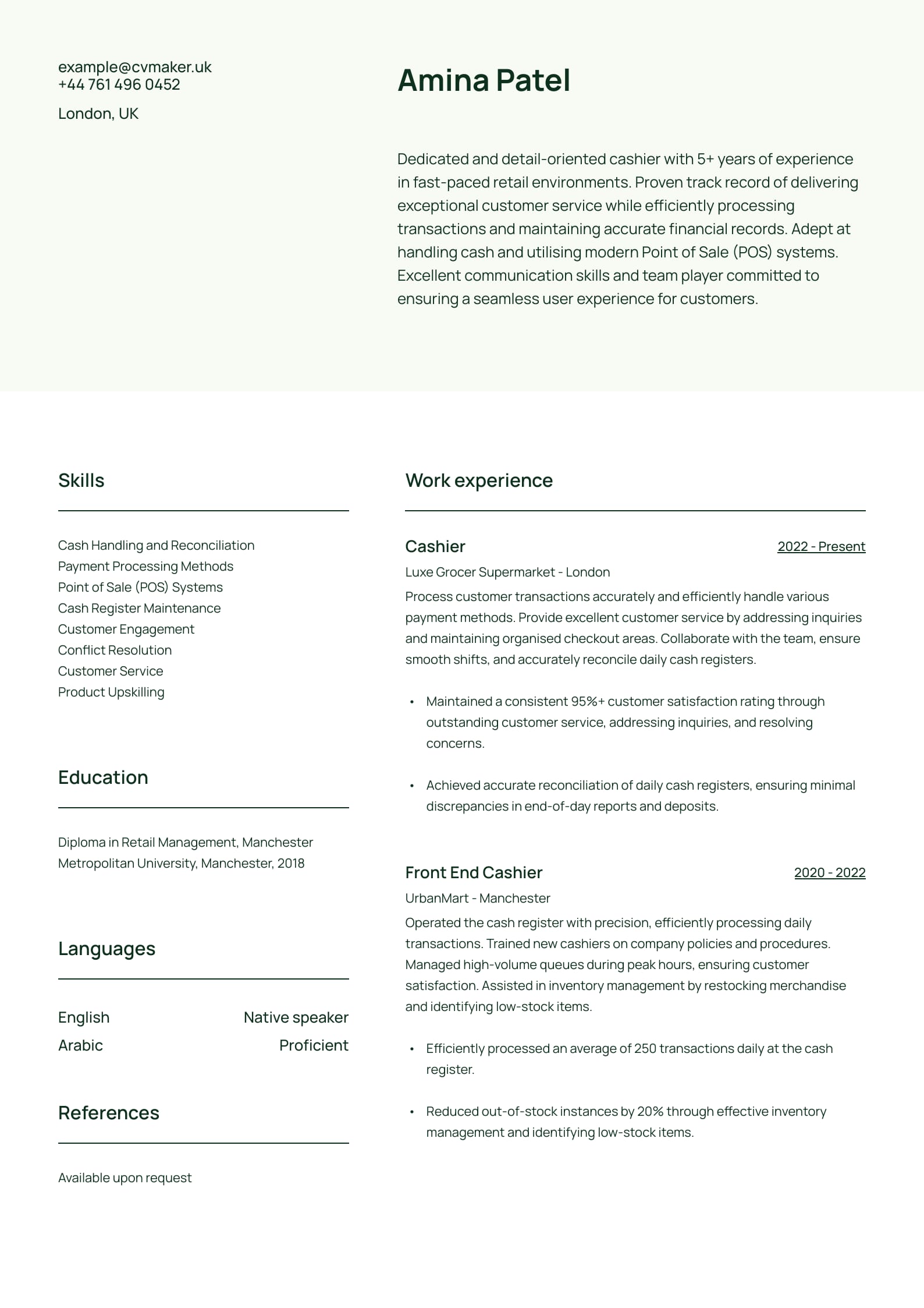 Cashier CV sample