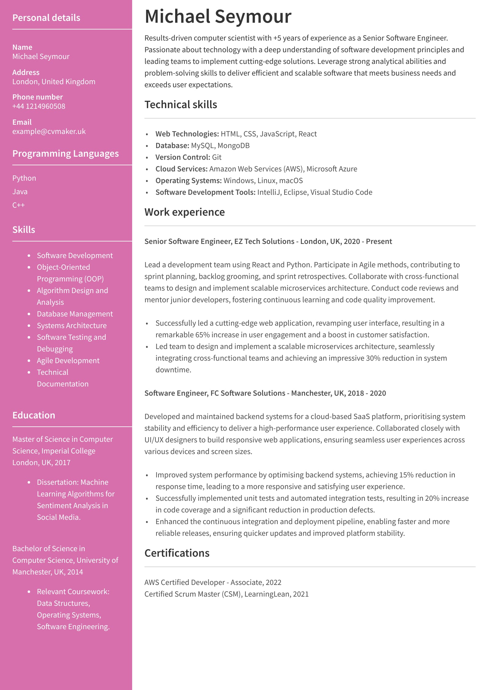 Computer Science CV Example