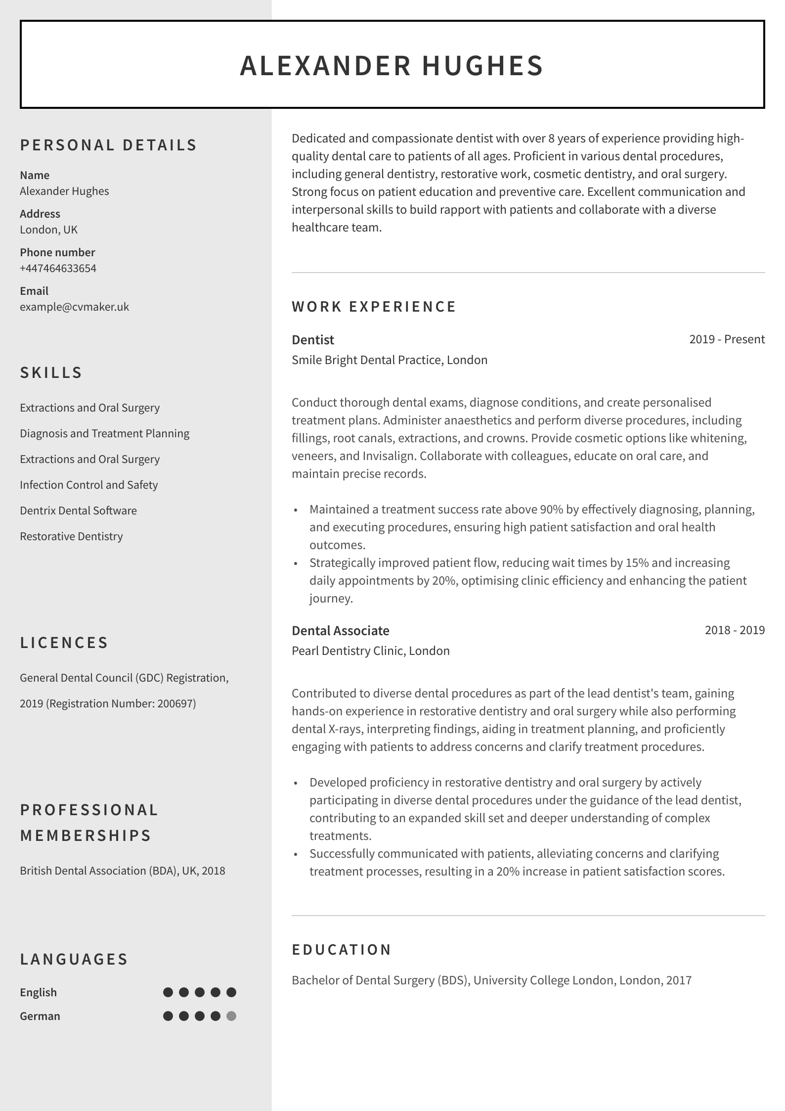 Dentist CV sample