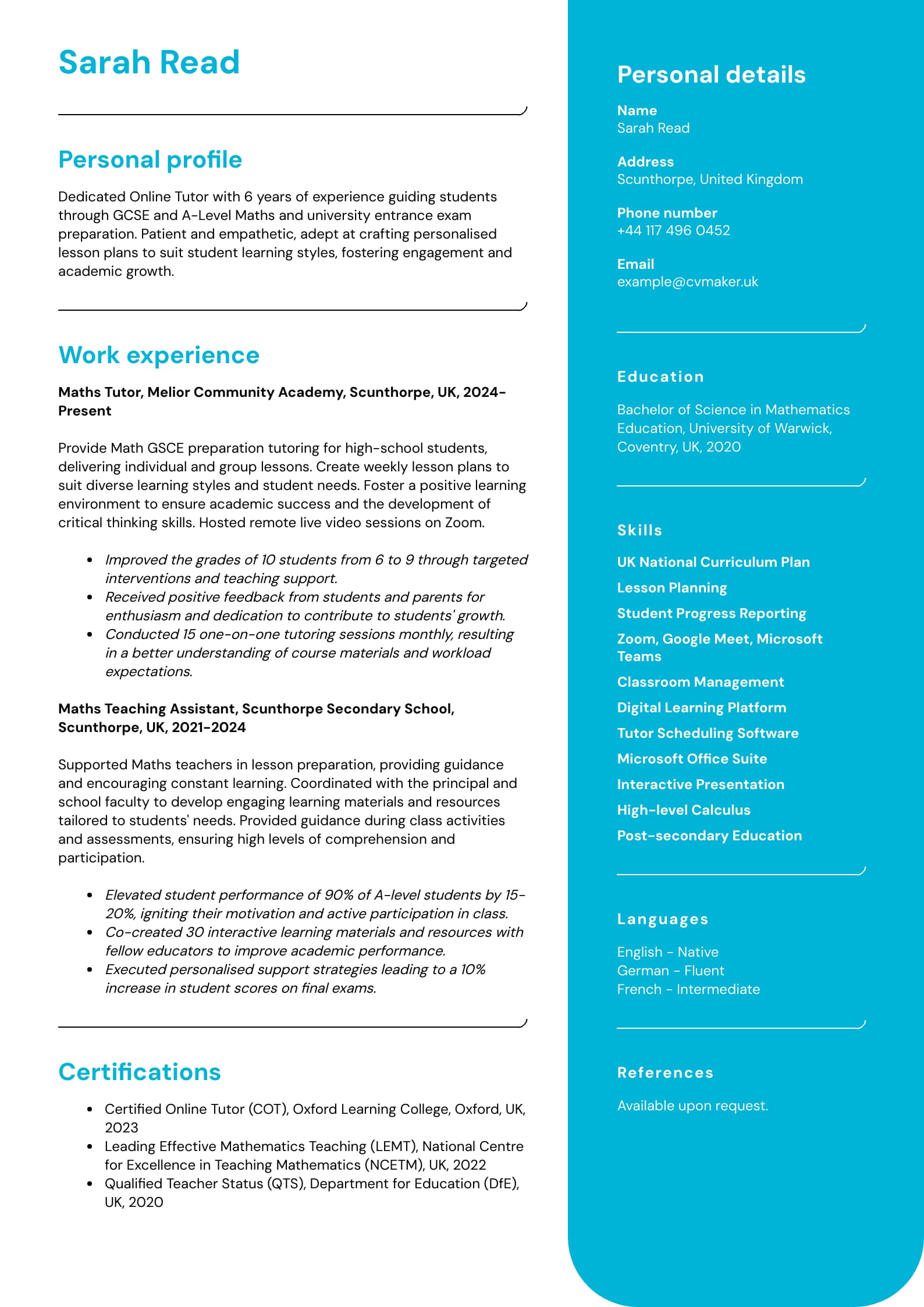 Tutor CV template