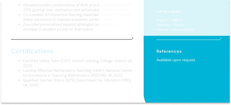 References on a tutor CV example