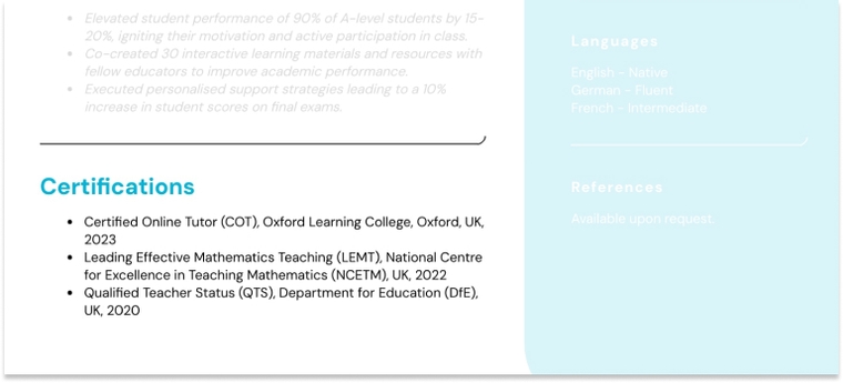 Certificates on a tutor CV sample