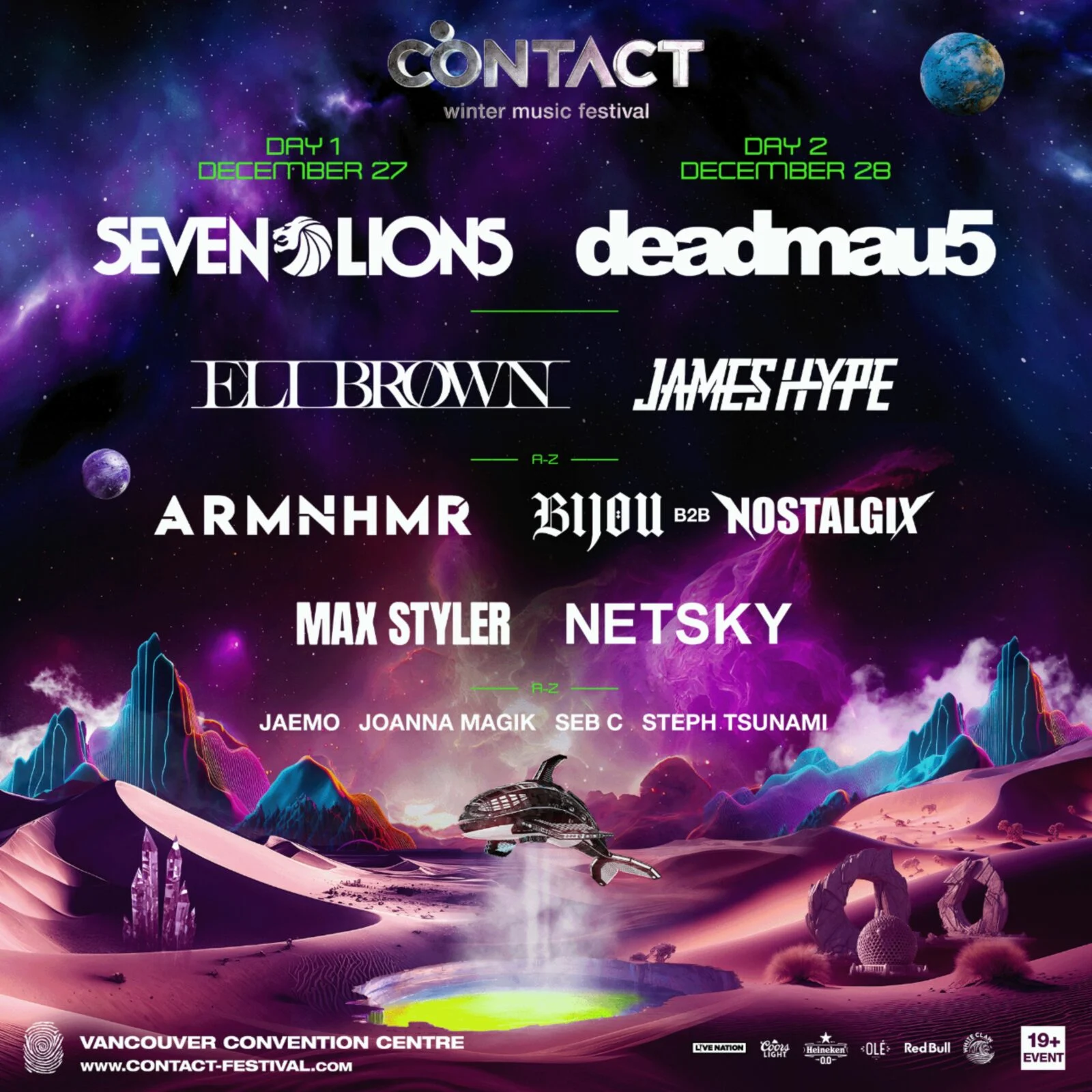 full lineup flyer for Contact Music Festival 2024 Vancouver BC with purple background and white text