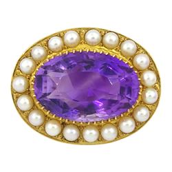 19th / early 20th century 18ct gold large oval cut amethyst and split pearl brooch