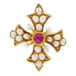 Early 20th century gold single pink stone and split pearl cross ring, stamped 18ct