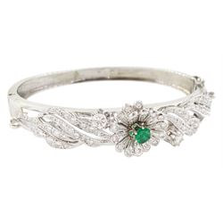 14ct white gold round brilliant cut diamond and emerald bangle floral hinged bangle, stamped