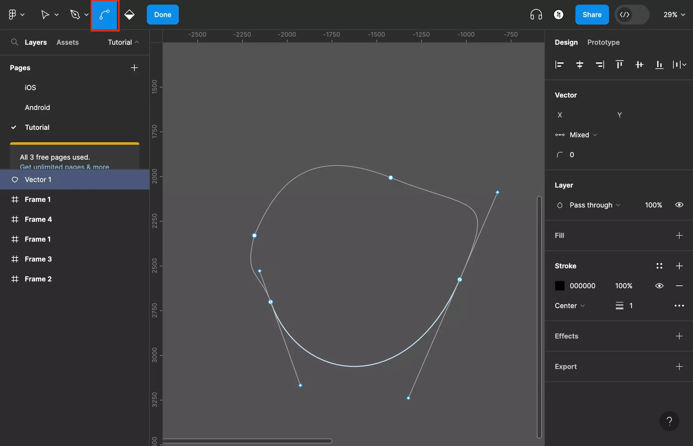 A screenshot of Figma showing a shape drawn using the pen tool. One of the paths has been bent compared to the last image. To activate this tool, select the “Bend” tool on the top menu bar or press the command key on the keyboard. To bend paths thereafter, click and drag an existing path.