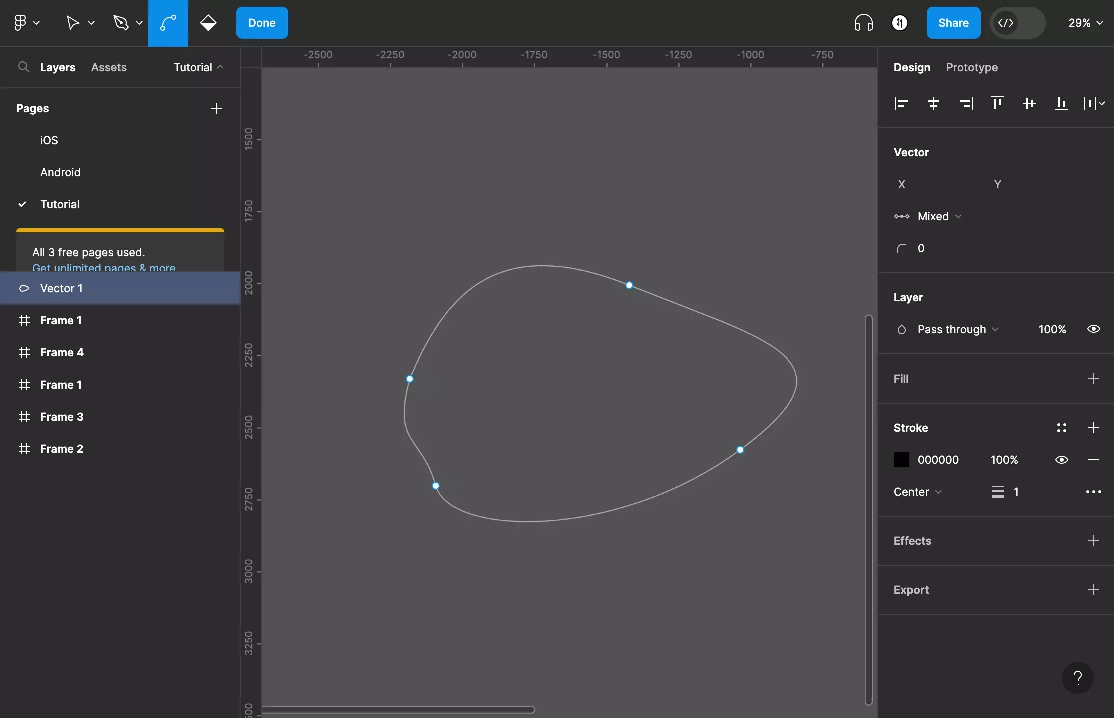 A screenshot of Figma showing a shape drawn using the pen tool. It has no fill.