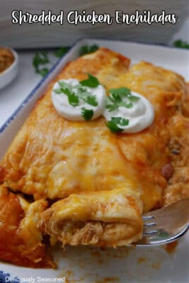 Two chicken enchiladas on a white plate.