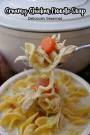 A spoonful of chicken noodle soup on a soup.