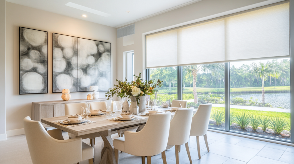 Casual dining room in Parkland with Hunter Douglas Roller Shades, fully closed, creating a soft, diffused light and overlooking a tranquil lake.