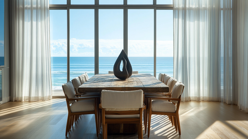 Casual dining room in Palm Beach Gardens with large windows featuring fully closed motorized blackout curtains, offering an ocean view.