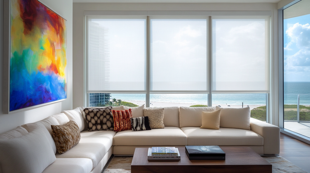 Formal living room in a Palm Beach apartment with fully closed motorized white Hunter Douglas Roller Shades on large windows overlooking the ocean and nearby buildings.