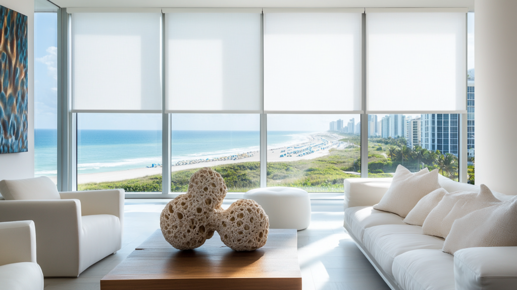 Formal living room in a Palm Beach apartment with fully closed motorized white Hunter Douglas Roller Shades on large windows overlooking the ocean and nearby buildings.