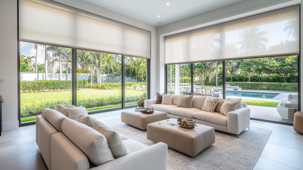 Living room in Parkland with Hunter Douglas Roller Shades in soft neutral beige, creating a tranquil atmosphere and offering a view of the lush backyard.