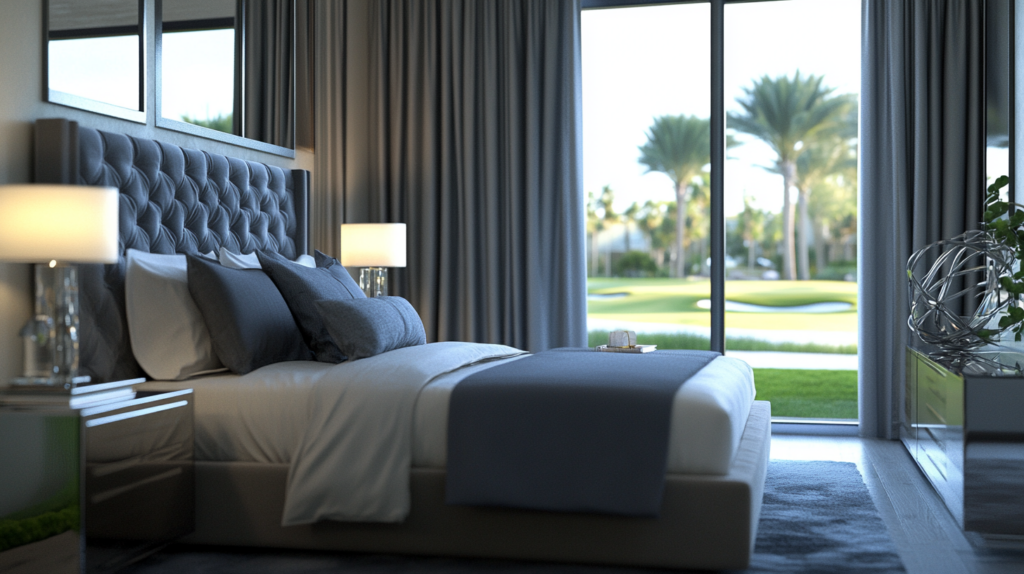 Master bedroom in Parkland with deep charcoal gray blackout curtains creating a serene environment and overlooking a golf course.