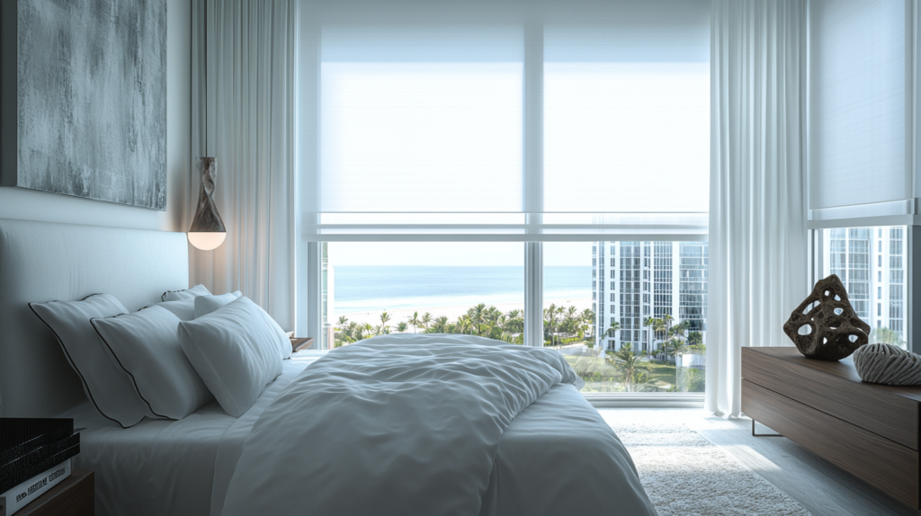 Master bedroom in a Palm Beach apartment with large windows featuring motorized blackout curtains, overlooking the ocean, beach, and nearby buildings.