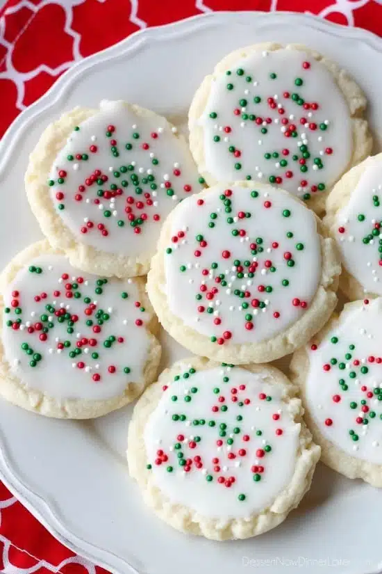 Meltaway cookies are a soft, lightly sweet shortbread cookie that literally melts away in your mouth. Top it with a thin glaze and red and green sprinkles for a festive Christmas cookie treat.