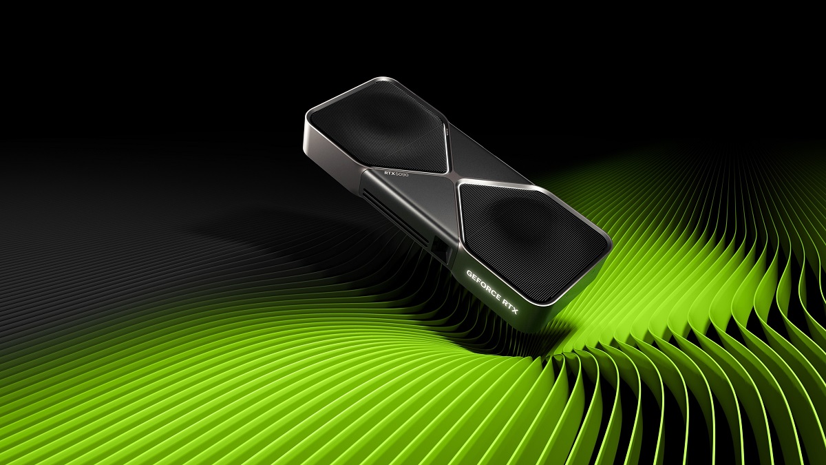 An Nvidia RTX 5090 graphics card on a bright green and black background.