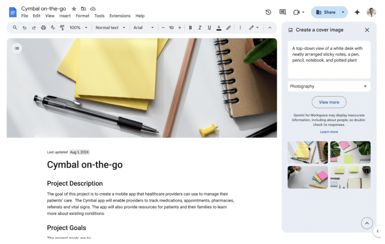 A screenshot of Gemini in Google Docs being used.