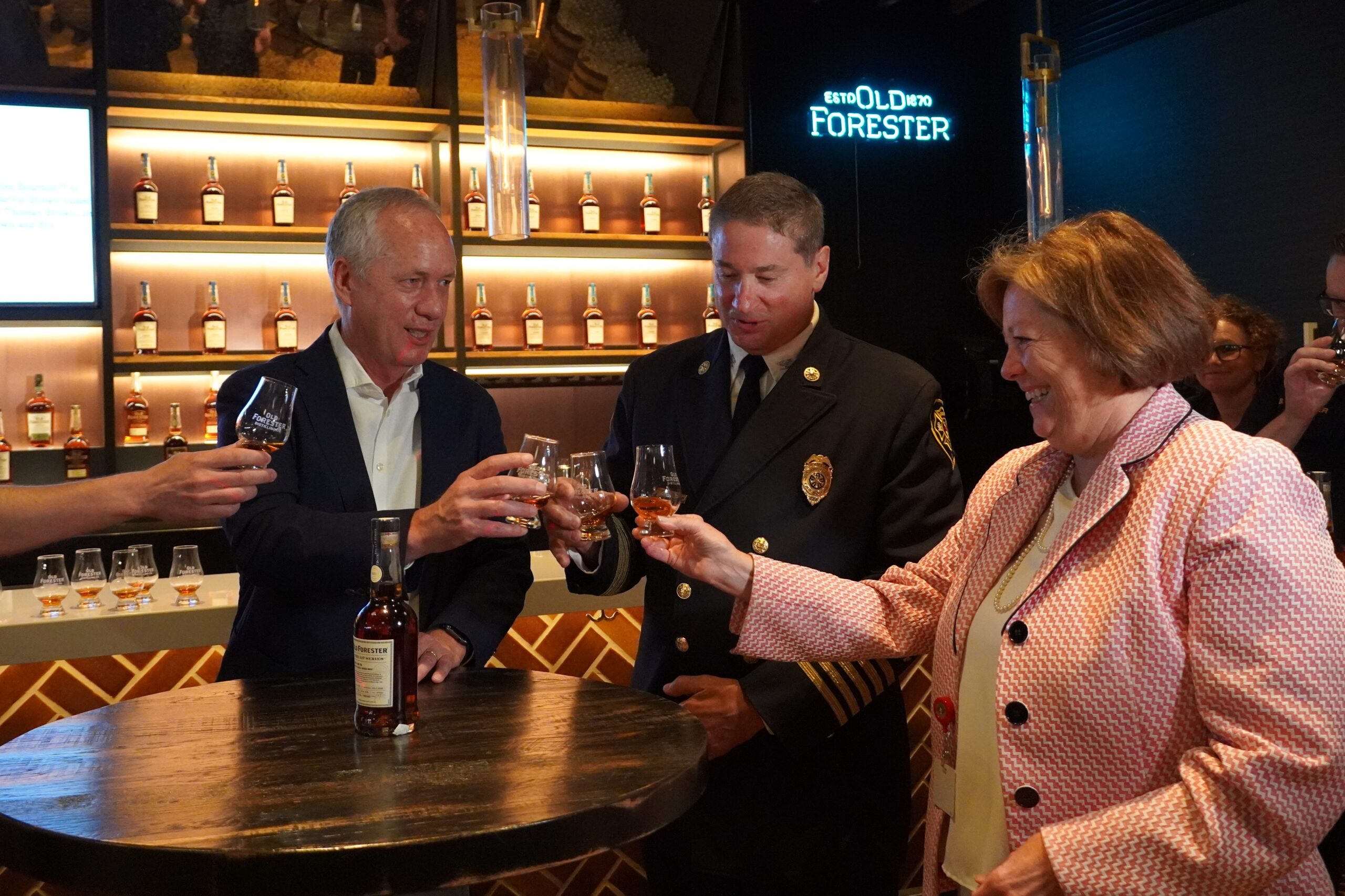 Old Forester Distillery - Louisville Mayor Fischer, Fire Chief Colonel Greg Frederick and Deputy Mayor Ellen Hesen