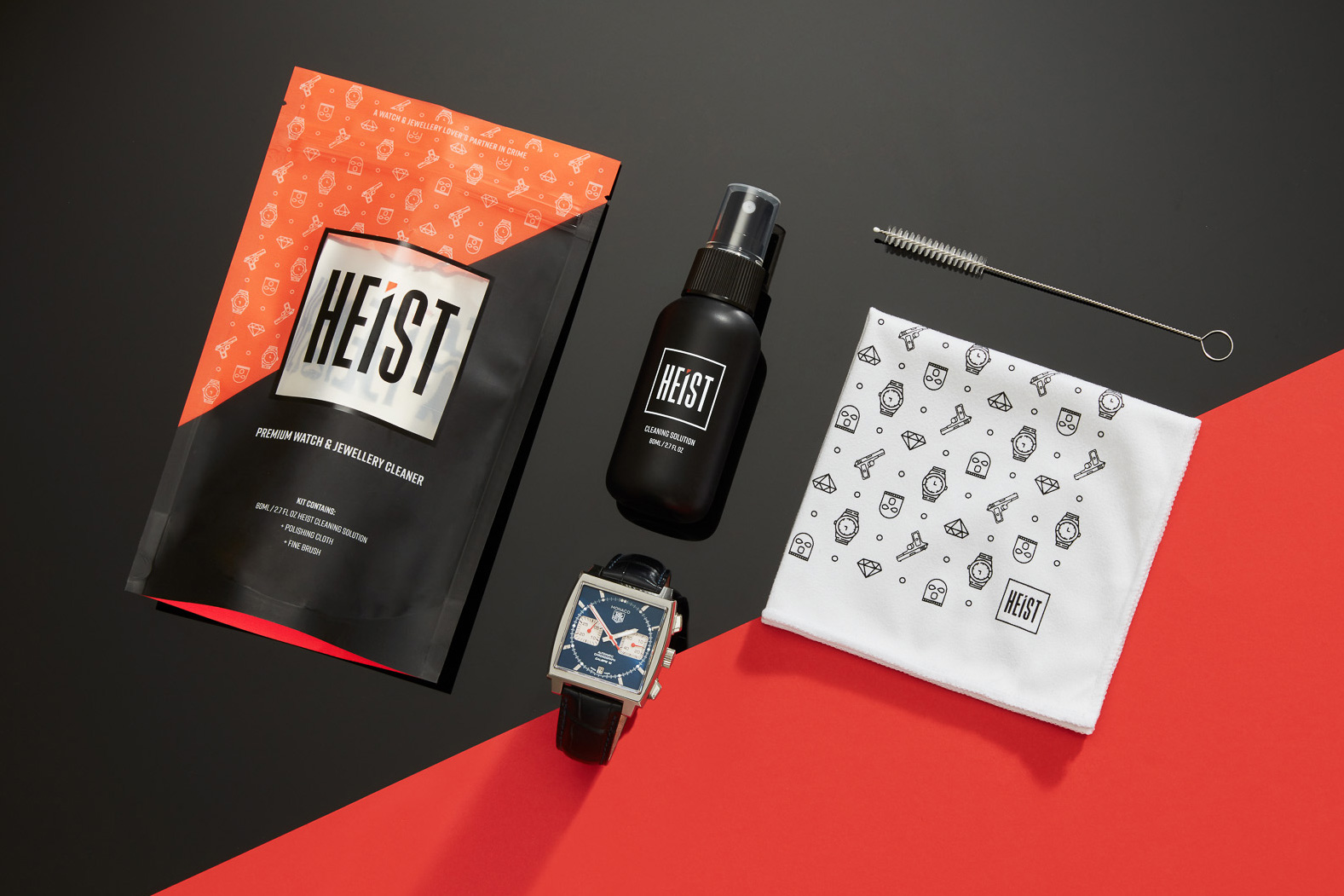 HEIST pouch, bottle, stylish watches.