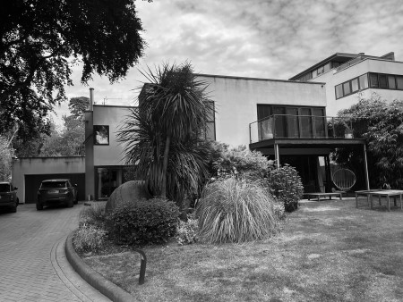 Black and white photograph of a flat roof art deco home. Palm tree in the from garden.