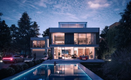 CGI of an art deco property at dusk. Swimming pool in foreground. Large windows show the illuminated building interior.