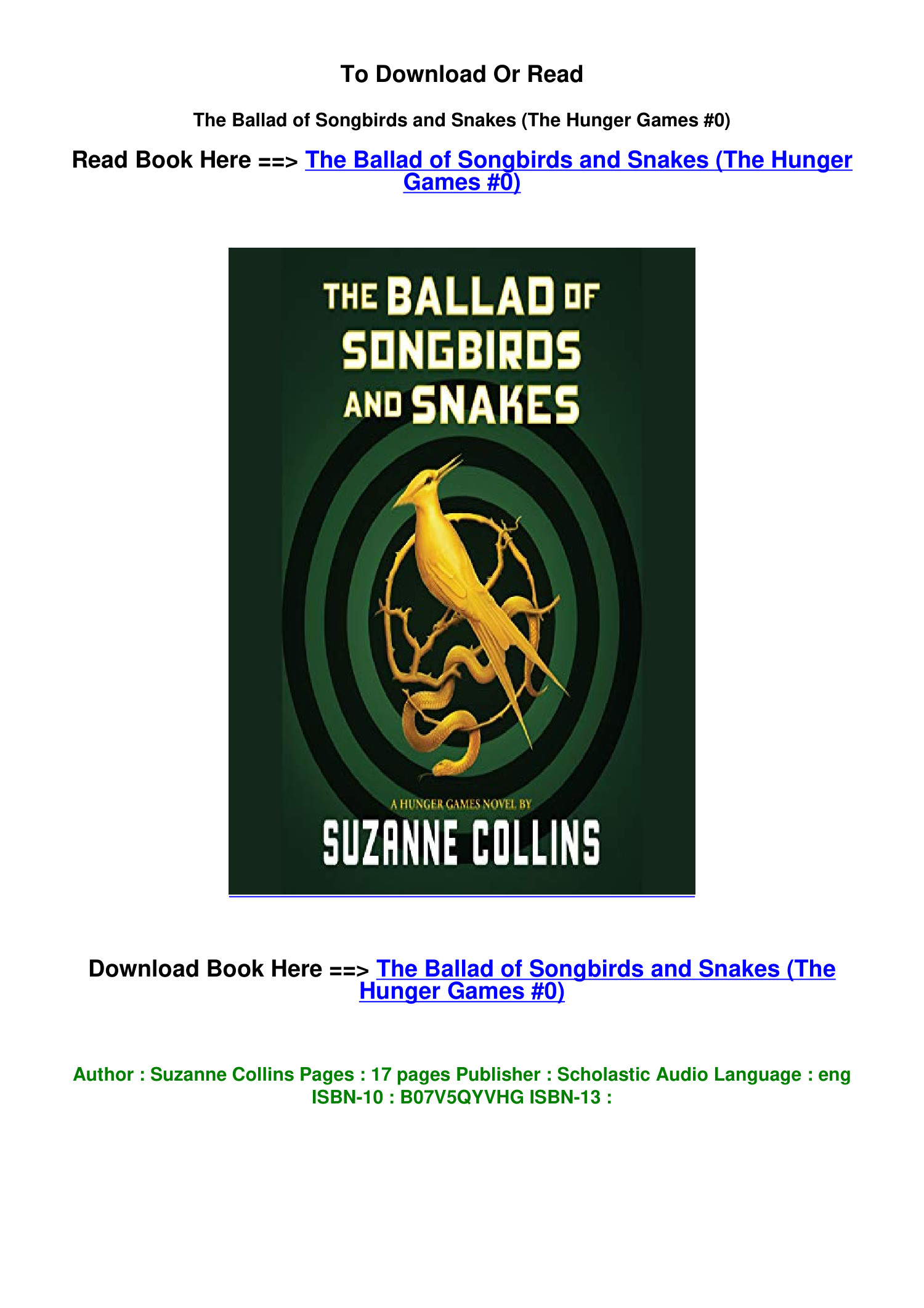 DOWNLOAD EPUB The Ballad of Songbirds and Snakes The Hunger Games 0 By ...