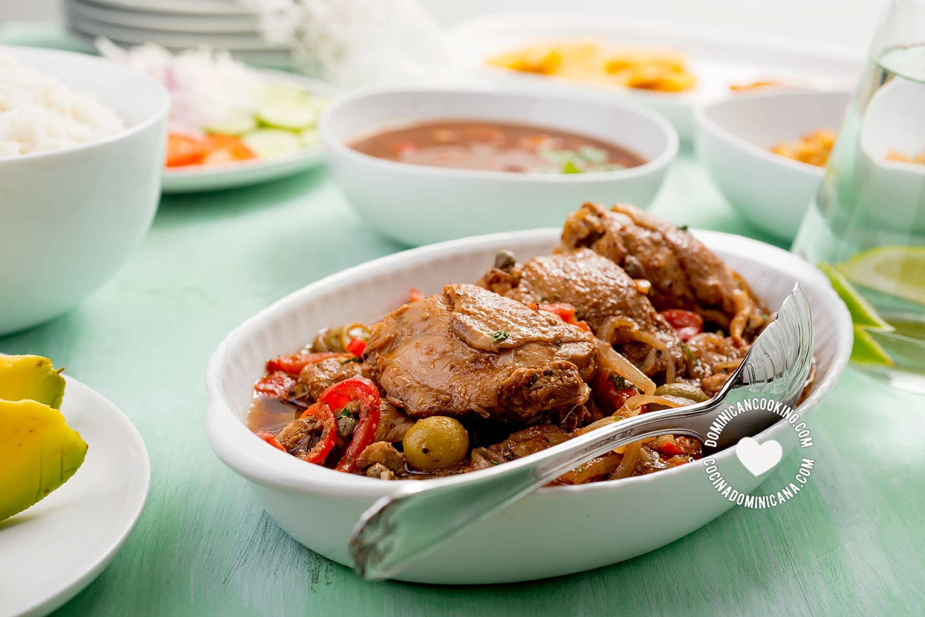 Pollo guisado - Dominican chicken lunch.